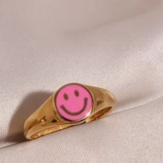 Y2k Pink Smiley Face 18k Gold Plated Ring Halo Cut, Pink Smiley Face, Boho Rings Gold, Pink Smiley, Pave Wedding Rings, Twisted Band Ring, Y2k Pink, 7 Rings, Sapphire Diamond Ring