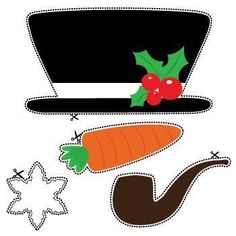 a top hat, carrots and holly on a white background with an ornament