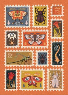 postage stamps with bugs, moths, and other insects on them are shown in an orange background