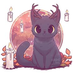 a cat with horns sitting next to candles