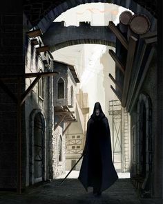 a man with a long black cloak is standing in an alley