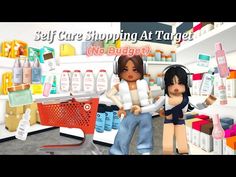 two people standing in front of a store display with products on shelves and the words self care shopping at target