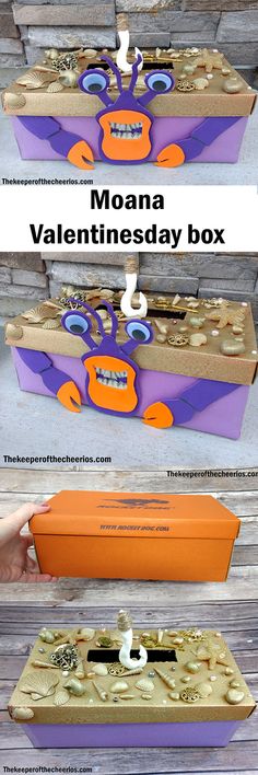 an orange and purple box that is on top of a wooden table with the words moan valentine's day box