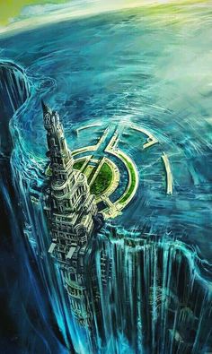 an artist's rendering of a futuristic city floating in the ocean, surrounded by water