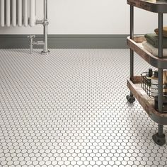 a bathroom with hexagonal tile flooring and white radiator in the corner