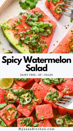 a plate filled with watermelon salad next to a fork and lime wedges