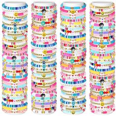 PRICES MAY VARY. Abundant Quantity: this package includes a generous quantity of 150 preppy heishi clay beads bracelets in 50 styles, 3 of each style; With this abundance, you can enjoy a wide variety of bracelet combinations and styles; You'll have enough bracelets to wear every day or to share with friends and loved ones; Suitable for both little ones and adults Quality Material: crafted with quality materials, these colorful bracelets are made mainly from clay and acrylic, which are not only Multicolor Letter Beads Friendship Bracelets For Party, Multicolor Letter Beads Friendship Bracelet For Parties, Party Multicolor Friendship Bracelets With Letter Beads, Multicolor Beaded Friendship Bracelets For Party Favors, Color Combinations For Bracelets, Bracelet Combinations, Bracelet Preppy, Stretch Beaded Bracelets, Heishi Bracelets