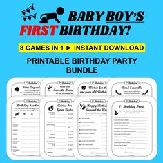 Ready to Print Birthday Party Games Bundle Baby Boy's First Birthday Party Games Bundle is a perfect choice for celebrating the one year old's 1st birthday. These games and activities will make the party more fun! Simply download these games and print them out to play. This is a great way to throw an unforgettable first birthday party! ** INCLUDED IN THIS BUNDLE **   *Birthday Scattergories *Advice For Your Firsts *Time Capsule *Favorite Memory  *Happy Birthday Around the World *1st Birthday Trivia *Word Scramble *Wishes for the one year old Birthday Boy + ANSWER SHEET All games are printable in both US letter size & A4 format. Simply download and print at home or at your print shop. ** WHAT YOU GET ** 1 PDF containing 8 games on a white background printable in both US Letter & A4 Size 1 P Birthday Scattergories, First Birthday Party Games, 1st Birthday Games, Th Words, First Birthday Games, Games For Boys, Baby Boy First Birthday, Party Bundles, Birthday Party Games