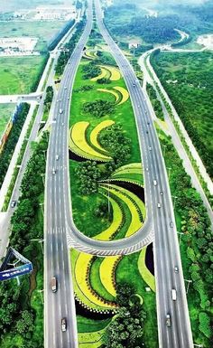 an aerial view of a highway with many lanes and green grass on both sides, surrounded by trees