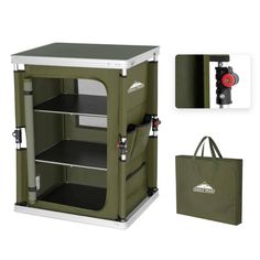 an outdoor storage cabinet with two shelves and one door open to show the contents inside