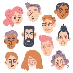 a group of people's faces with different facial expressions on their faces, including one man and woman