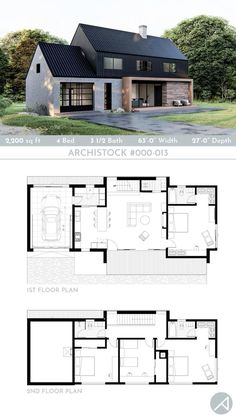 two story house plan with 2 car garage and attached living area in the front, second floor