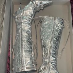 Metallic Cagole Balenciaga Boots Size 37.5 Worn Once! Light Scuffs At The Bottom Of Heel Due To The One Wear. Excellent Condition. Comes With Box, Dust Bag, And Receipt. Obo! Silver Knee-high Evening Boots, Designer Ankle Strap Boots For Party, Silver Leather Knee-high Boots, Designer Closed Toe Heeled Boots For Party, Designer Lace-up Party Boots, Designer Lace-up Boots For Party, Designer Party Boots For Spring, Balenciaga Boots, Shoes Balenciaga