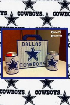 an image of two can holders with the word cowboys written on them in blue and white