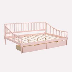 a pink bed frame with two drawers on the bottom and one drawer underneath it, in front of a white background