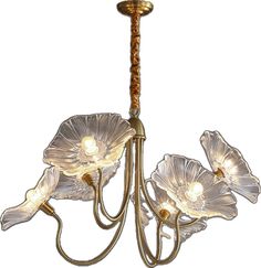 a chandelier with three flowers hanging from it's center and two lights on each side