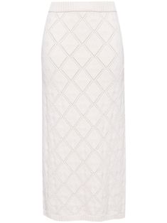 powder white wool-cashmere blend elasticated waistband knitted construction diamond pattern pointelle knit ribbed hem mid-length Knitted Midi Skirt, Crochet Midi, Silk Midi Skirt, Lace Midi Skirt, Latest Skirts, Pointelle Knit, Knit Midi Skirt, Shades Of Beige, Black Midi Skirt