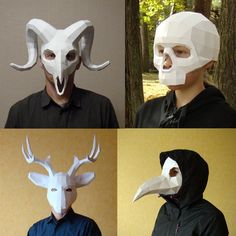 four different images of people with masks on their faces, one wearing a mask and the other wearing a deer mask