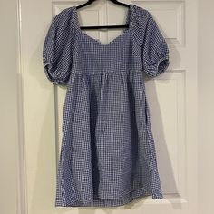 Never Worn-Brand New Condition Blue Short Sleeve Dress For Picnic, Casual Puff Sleeve Mini Dress For Picnic, Blue Cotton Midi Dress For Picnic, Dark Blue Plaid, Navy Sundress, Womens Navy Dress, Maternity Black Dress, Blue Plaid Dress, Shirt Dress Summer