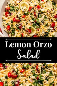 lemon orzo salad in a white bowl