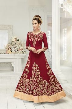 Maroon designer floor length anarkali suit with antique threadwork to complete the look

it is paired with a tight fitted churidaar and a matching dupatta .
Be the talk of the town with The ultimate Party Edit! 
#leicestershire #bradfordcity #manchester #WeddingOutfit #DesiAttires #fashiongram #fashiondesigner #ootd #modestwear #modesty #pakistanidesignerwear #indiansuits #anarkalisuits Readymade Blouses Online, Shamita Shetty, Silk Anarkali Suits, Pink Anarkali, Silk Anarkali, Lehenga Suit, Anarkali Salwar, Party Wear Gown, Big Fat Indian Wedding