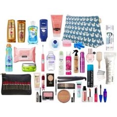 an assortment of beauty products displayed on a white background, including makeup and toiletries