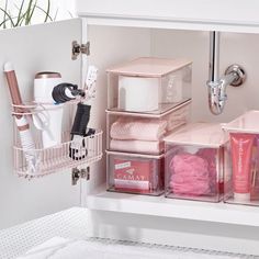 the bathroom is organized and ready to be used as a storage area for personal care items