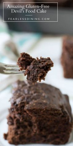 a piece of chocolate cake on a white plate with a fork in it and text overlay reading amazing gluten - free devil's food cakes