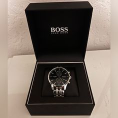 Excellent Condition Hugo Boss Jet Black Dial Silver Steel Strap Watch For Men Business Watches For Men, Hugo Boss Watch Men, Wrist Watch For Men, Expensive Gifts, Wrist Game, Watch For Men, Designer Accessories, Jet Black, Hugo Boss