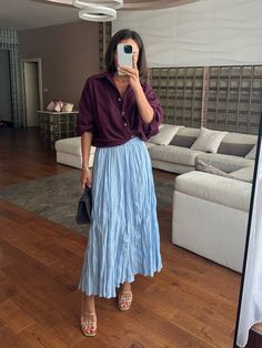 Color Outfit Ideas, Cider Haul, Blue Satin Skirt, Fall Aesthetics, 20 Outfits, Satin Skirt Outfit, European Trip, Bold Outfits, Maxi Dress Outfit