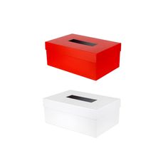 two red and white boxes sitting next to each other