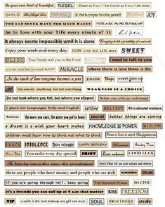 an image of many different types of words on white paper with brown and black lettering