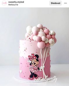 a minnie mouse cake with balloons on top