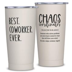 two white coffee cups with the words best coworker ever printed on each one