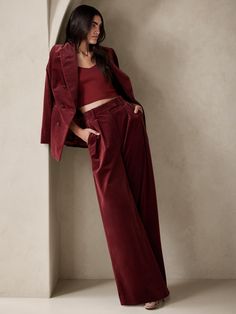 In a word? Sumptuous.  But we can think of many to describe the soft feeling of this luxurious, ultra high-rise pant, crafted from a plush velvet fabrication with sophisticated touches, like pleated detail and trouser crease for polished appeal.  As Velvet Pant, Velvet Pants, Banana Republic Pants, Pleated Pants, Dressy Outfits, Wedding Guest Outfit, Wide Leg Trousers, Suits For Women, Work Outfit