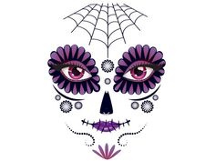 a sugar skull with purple flowers and spider web on it's forehead, as if for day of the dead