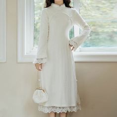 .sizingSection_variants__vrALN{float: left}Long Sleeve Stand Collar Plain Lace Trim Ribbed Knitted Midi A-Line Dress Size S M L XL Total Length Bust Waist Shoulder Width Sleeve... 80 Dress, White Dress