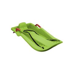 a green plastic sled with red handles and handlebars on the bottom, in front of a white background