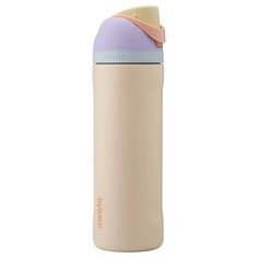 thermos travel bottle in beige with pastel blue and light pink trims