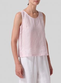 Linen Sleeveless Pullover Top Chic Pink Tank Vest, Chic Cotton Scoop Neck Tank Top, Elegant Cotton Tank Top For Summer, Elegant Summer Cotton Tank Top, Chic Summer Tank Vest, Versatile Sleeveless Blouse For Everyday, Casual Linen Camisole For Day Out, Chic Spring Tank Vest, Casual Linen Tank Vest