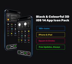 the black and colorful 3d icons app is displayed on an iphone, ipad or ipod