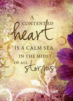 a purple flower with the words, a content heart is a calm sea in the midst of all storms