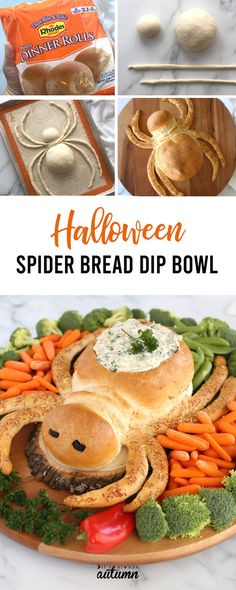 halloween spider bread dip bowl with broccoli, carrots and other foods on it