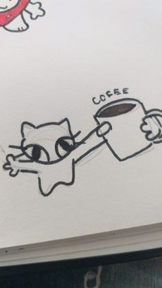 a drawing of a cat holding a coffee cup