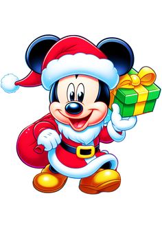 mickey mouse holding a gift box and wearing a santa claus hat with his arms out