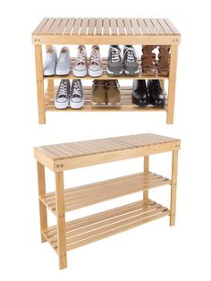 a wooden shoe rack with shoes on it