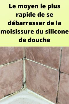 a white toilet sitting inside of a bathroom next to a tiled wall and below it is a sign that says, le moyen le plus rapide de de de departrasser de la moisure du silicion