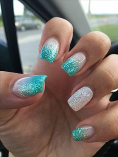 Turquoise Manicure, Cruise Nails, Teal Nails, Summer Nails Beach, Mermaid Nails, Short Acrylic, Sparkle Nails