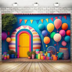 this is an image of a room with balloons on the wall and presents in front of it