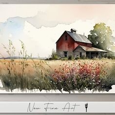 a watercolor painting of a red barn in a field